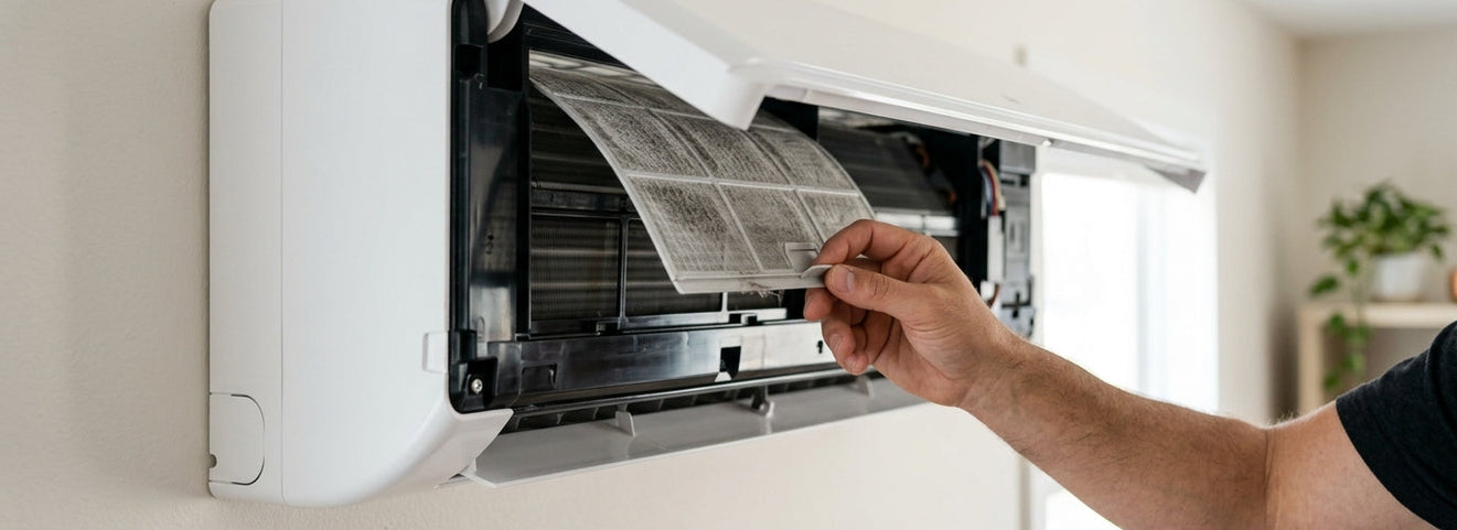 Close-up of a wall-mounted Mitsubishi mini split indoor unit with the front panel open, showing a hand removing the white filter for replacement