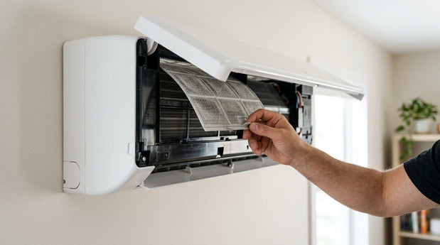 Close-up of a wall-mounted Mitsubishi mini split indoor unit with the front panel open, showing a hand removing the white filter for replacement