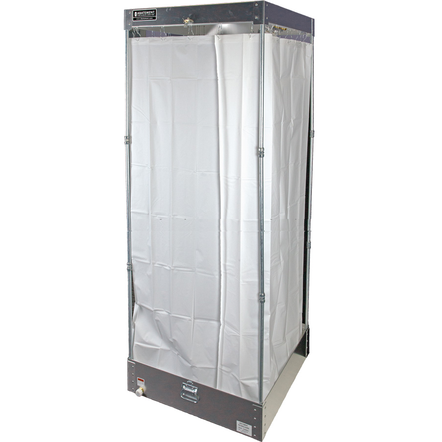 A portable, upright decontamination shower with a white curtain and metal frame, designed for emergency or industrial use.