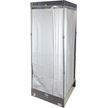 A portable, upright decontamination shower with a white curtain and metal frame, designed for emergency or industrial use.