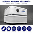 White air purifier with 'Austin' branding on a gray background, featuring text about removing airborne pollutants.