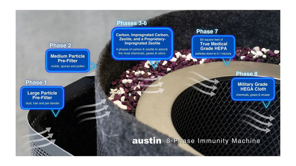 Diagram of an 'austin 8-Phase Immunity Machine' with labeled phases and materials.