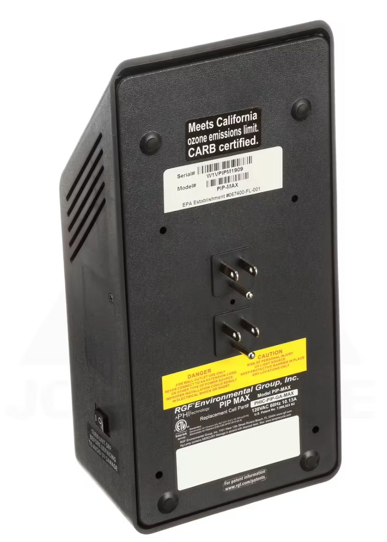 Back view of a black electronic device with certification labels on a white background