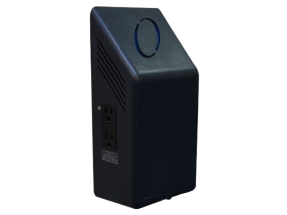 Black electronic device with power outlets on a white background