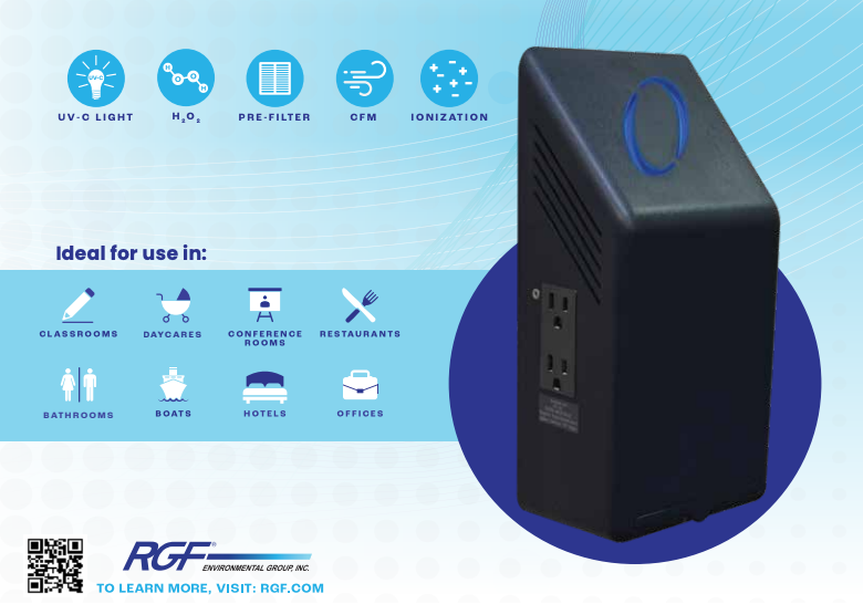 Black air purification device with features listed on a blue background