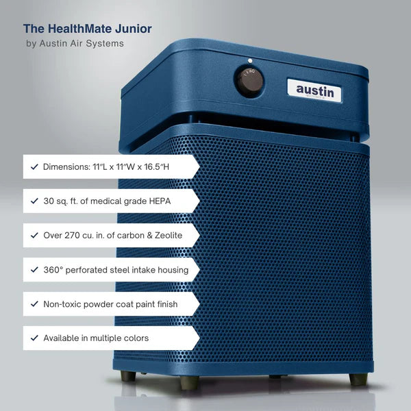 Blue HealthMate Junior air purifier by Austin Air Systems with features listed on a gray background