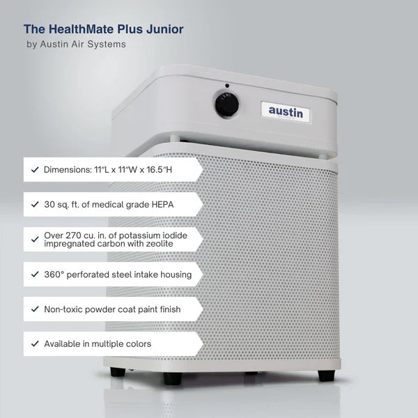 HealthMate Plus Junior air purifier with brand logo on a white background