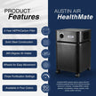 Austin Air HealthMate air purifier with features listed on a white and blue background