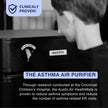 Asthma air purifier with 'Austin' branding and clinical proven badge.