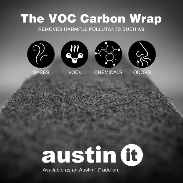 VOC Carbon Wrap product with icons and text on a dark background, featuring the brand 'austin it'.
