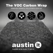 VOC Carbon Wrap product with icons and text on a dark background, featuring the brand 'austin it'.