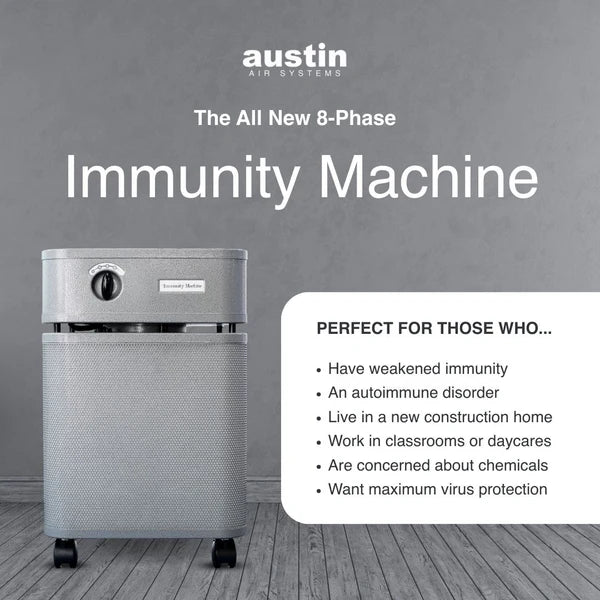 Austin Air Systems immunity machine on a gray background with product features listed.