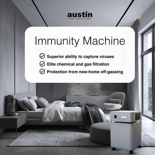 Austin Air Systems immunity machine in a modern bedroom setting
