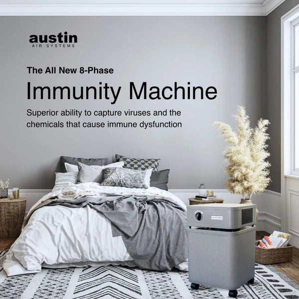 Advertisement for the All New 9-Phase Immunity Machine by Austin Healthcare in a bedroom setting.