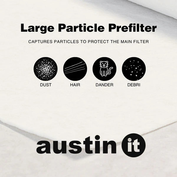 Advertisement for Austin It large particle prefilter with icons and text on a white background