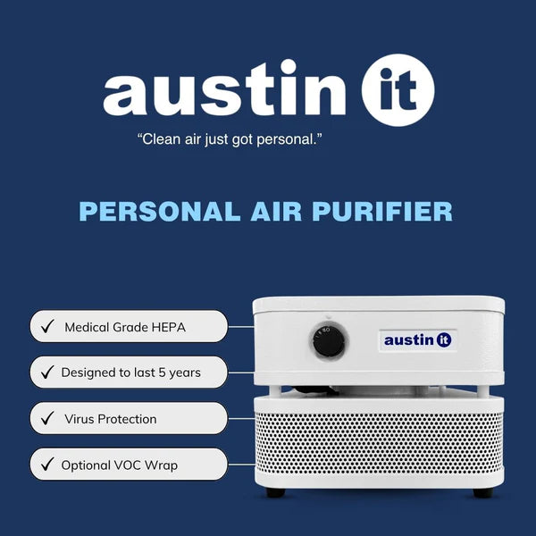 Austin It personal air purifier with features listed on a blue background