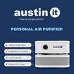 Austin It personal air purifier with features listed on a blue background